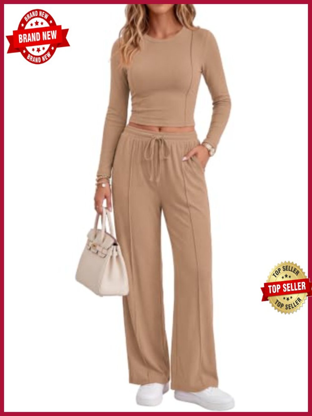 Two Piece Set Long Sleeve Crop Top Wide Leg Lounge Pants Outfit